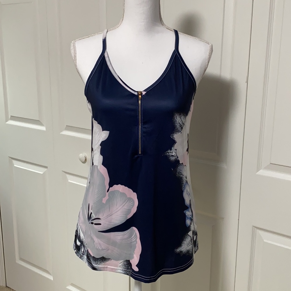 Floral Navy Pink Zip V Neck Tank Medium